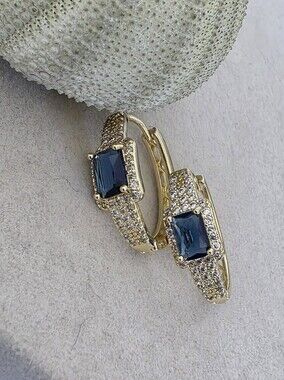 Gold Filled Huggie Hoop Earrings with London CZ Blue Topaz And Clear Accents